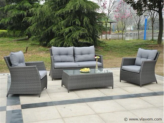 Loungeset 4-delig - antraciet wicker + grijze kussens - afbeelding 1 van  3