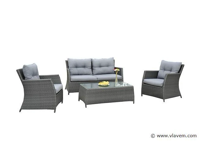 Loungeset 4-delig - antraciet wicker + grijze kussens - afbeelding 2 van  3