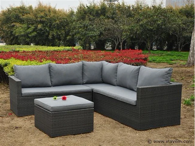 Loungeset 4-delig - hoek - antraciet wicker + grijze kussens - afbeelding 1 van  3