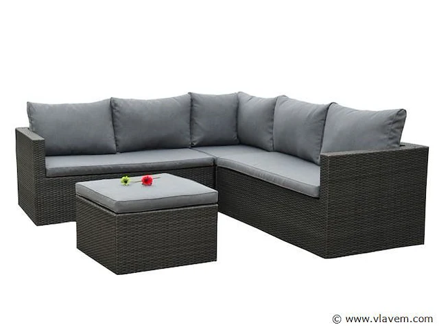 Loungeset 4-delig - hoek - antraciet wicker + grijze kussens - afbeelding 2 van  3