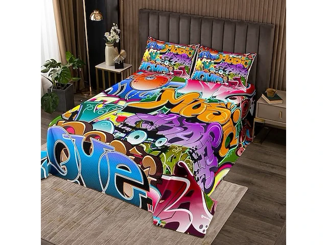 Loussiesd hippie graffiti gewatteerde bedsprei (240 x 260 cm) - afbeelding 1 van  2