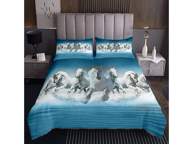 Loussiesd witte paardenprint gewatteerde sprei (240 x 260 cm) - afbeelding 1 van  2