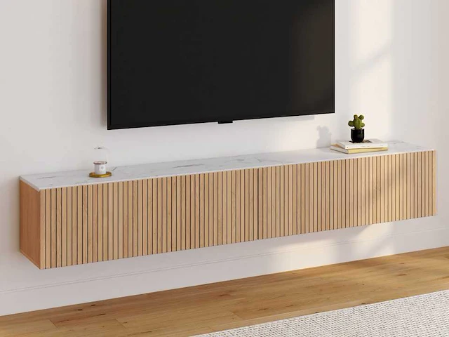 Marceau tv-meubel voor aan de muur met latteneffect en marmeren blad - afbeelding 1 van  8