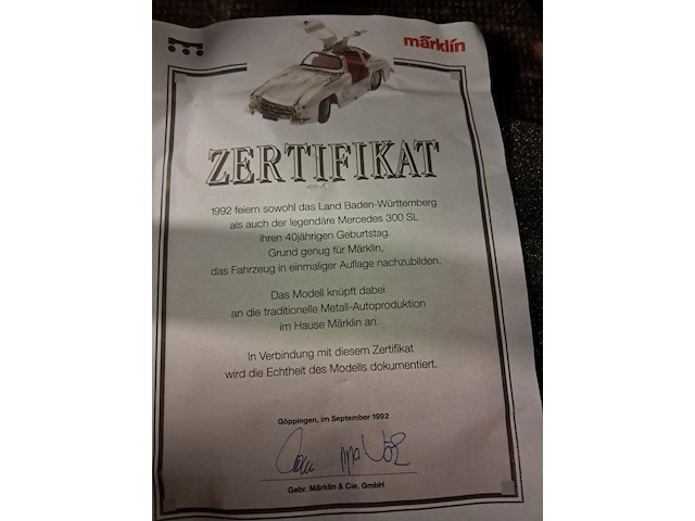 Marklin metealen mercedes 300sl 1952 met certificaat 370mm nieuw in org. doos - afbeelding 8 van  8