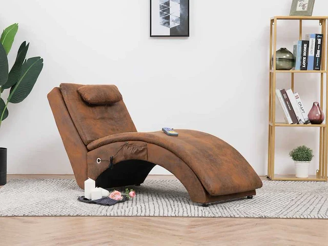 Massage loungestoel met kussen bruin suède kunstleer - afbeelding 1 van  7