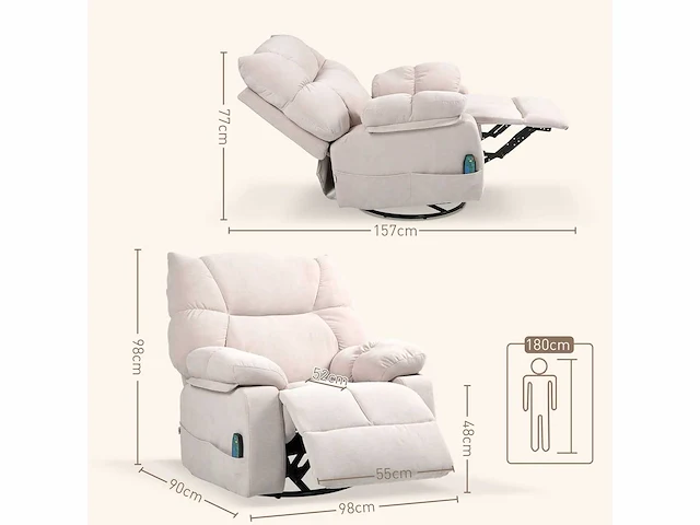 Massagestoel met warmte- en kantelfunctie, draaibaar, tot 150 kg, metalen frame, 98x90x98cm, beige - afbeelding 2 van  5