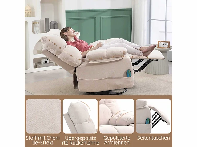 Massagestoel met warmte- en kantelfunctie, draaibaar, tot 150 kg, metalen frame, 98x90x98cm, beige - afbeelding 3 van  5