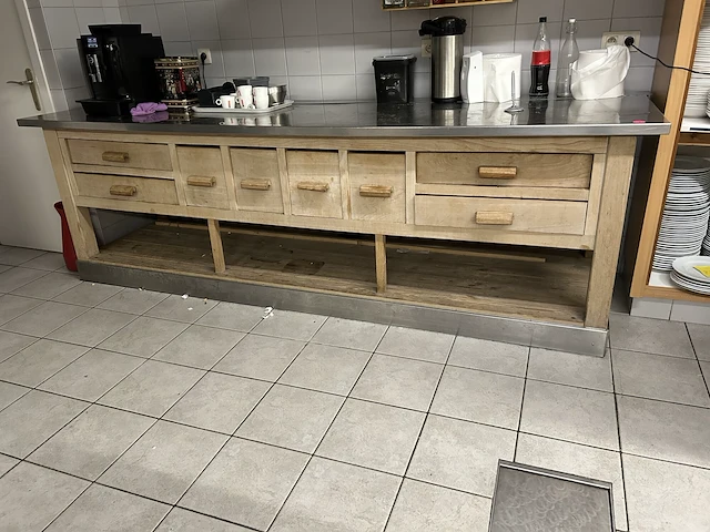 Massief houten werktafel met inox blad 286x84x91cm h - afbeelding 1 van  1