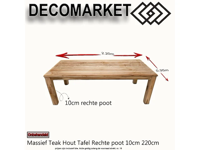 Massief teak hout tafel recht 220cm 10cm rechte poot - afbeelding 1 van  1