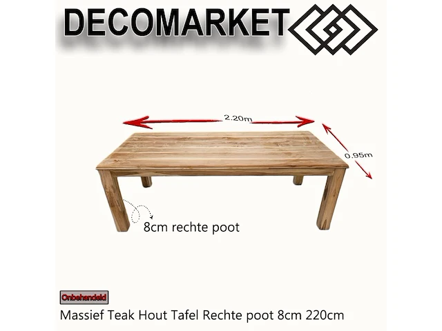 Massief teak hout tafel recht 220cm 8cm rechte poot - afbeelding 1 van  1