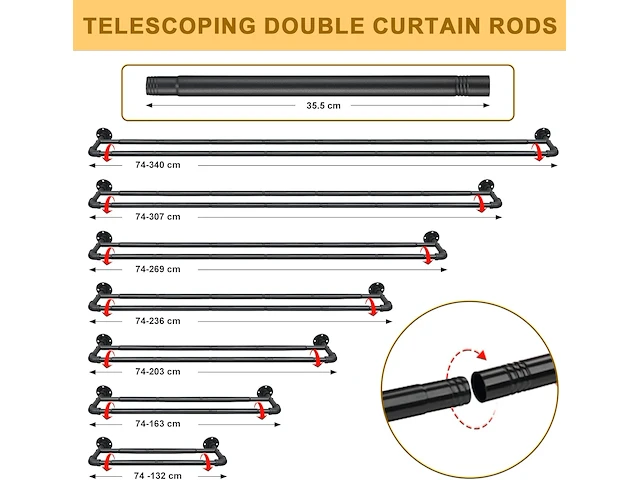 Matzwarte gordijnroedes 74-269cm - afbeelding 2 van  5