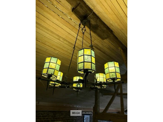Metalen luster met loodglas 6-armig - afbeelding 1 van  2