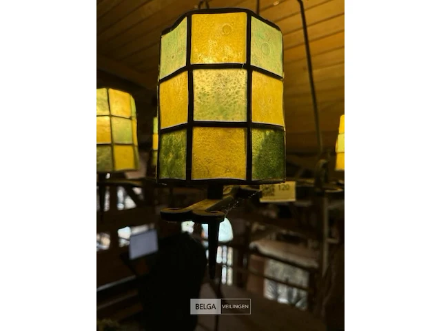 Metalen luster met loodglas 6-armig - afbeelding 2 van  2