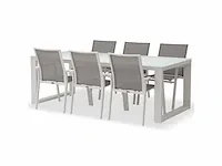 Meubili - demi-linate tafel 220*100 alu wit / glas wit + 6 adria armstoelen wit / grijs - afbeelding 1 van  1