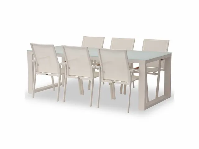 Meubili - demi-linate tafel 220*100 alu wit / glas wit + 6 adria armstoelen wit - afbeelding 1 van  1