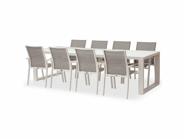 Meubili - demi-linate tafel 280*100 alu wit / glas wit + 8 adria armstoelen wit / grijs - afbeelding 1 van  1