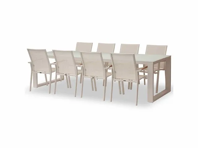Meubili - demi-linate tafel 280*100 alu wit / glas wit + 8 adria armstoelen wit - afbeelding 1 van  1