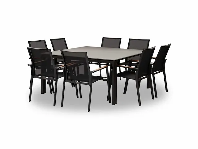 Meubili - fritz-mar tafel 150*150 alu charcoal / glas grijs + 8 lucile armstoelen - afbeelding 1 van  1