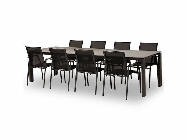 Meubili - fritz-mar tafel 280*100 alu charcoal / glas grijs + 8 moorea armstoelen - afbeelding 1 van  1