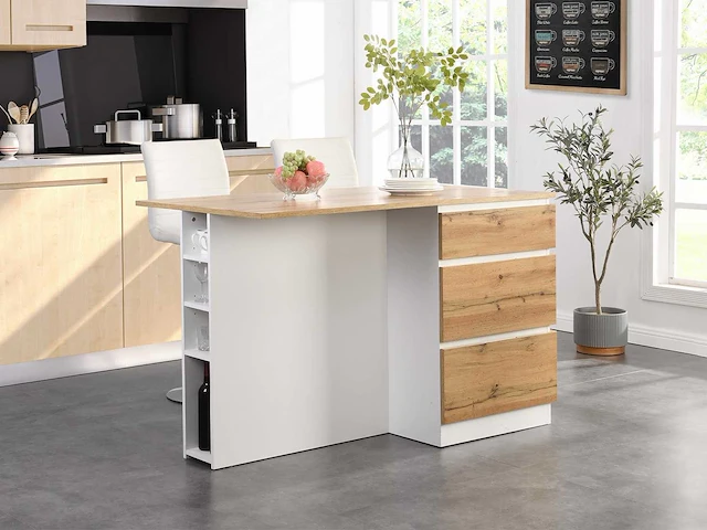 Middenkookeiland met 6 lades en 4 nissen in mdf - naturel, licht en wit - afbeelding 1 van  9