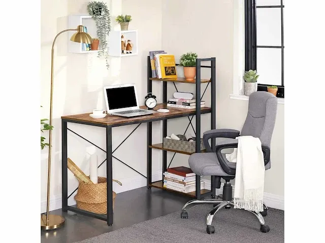 Mira home - bureau - computertafel met planken - thuiskantoor - industrieel - vintage - bruin/zwart - 60x120x76/120 - afbeelding 2 van  3