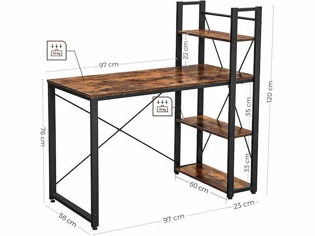 Mira home - bureau - computertafel met planken - thuiskantoor - industrieel - vintage - bruin/zwart - 60x120x76/120 - afbeelding 3 van  3