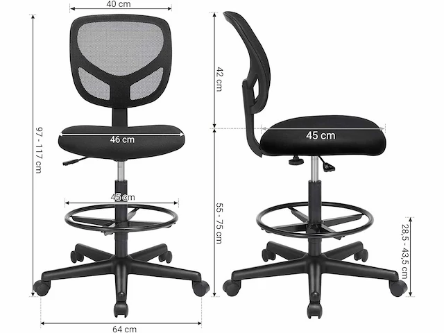 Mira home - bureaustoel, ergonomische werkkruk, zithoogte 51,5-71,5 cm, hoge werkstoel met verstelbare voetenring, draagvermogen 120 kg, zwart obn15bk - afbeelding 3 van  3