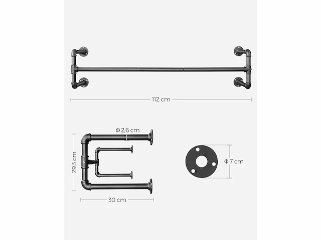 Mira home - garderobestang - duurzaam en functioneel - industriële stijl - ijzer - zwart - 110x30x29.3 cm - afbeelding 3 van  3