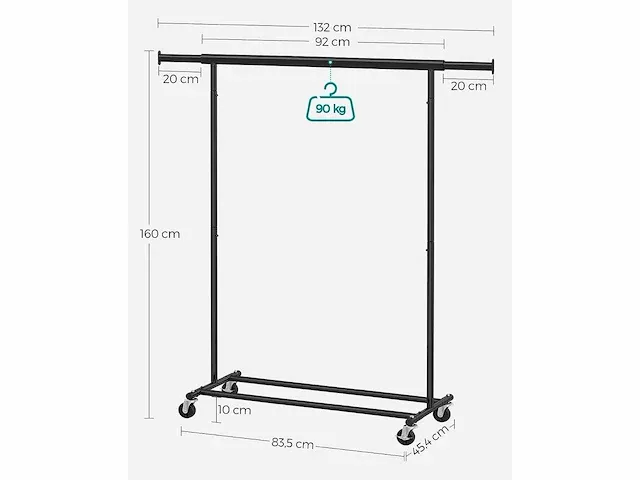 Mira home - kledingrek zwart - verstelbaar - ruimtebesparend - modern design - (92-132) x 45,4 x 160 cm - afbeelding 3 van  3