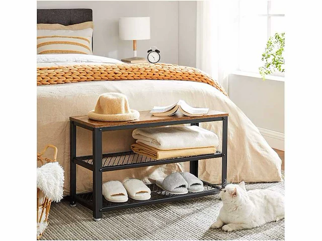 Mira home - schoenenrek - vintage - hout - metaal - industrieel - 73x30x45cm - bruin - zwart - afbeelding 2 van  3