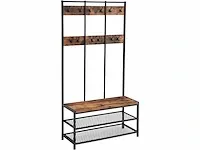 Mira home xxl garderoberek - kapstok met zitbankje en schoenenrek - 12 haken - industrieel - vintage - bruin/zwart - 100x40x186