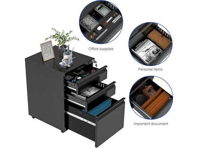 Mobiel voetstuk met 3 lades - zwart - afbeelding 6 van  9