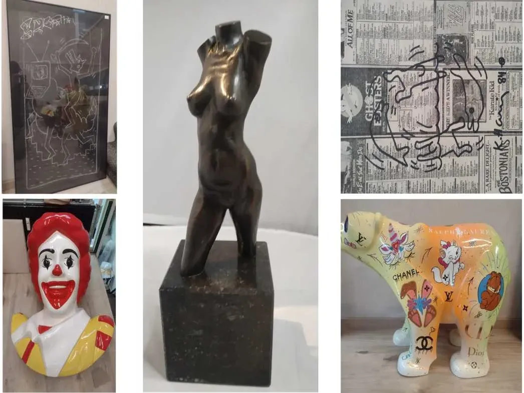 Moderne kunst, pop-art keith haring & sculpturen wegens stock opruiming