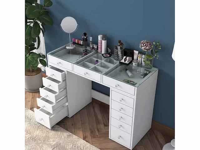 Moderne make-uptafel met opberglades aan beide zijden in witte vorm - afbeelding 1 van  7