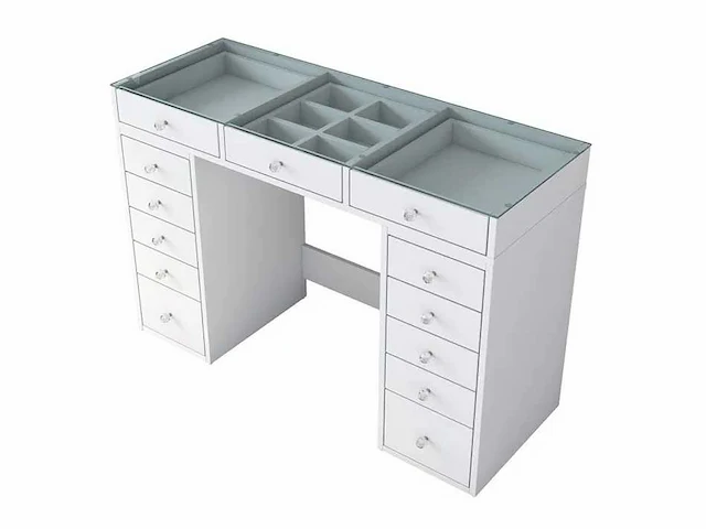 Moderne make-uptafel met opberglades aan beide zijden in witte vorm - afbeelding 3 van  7