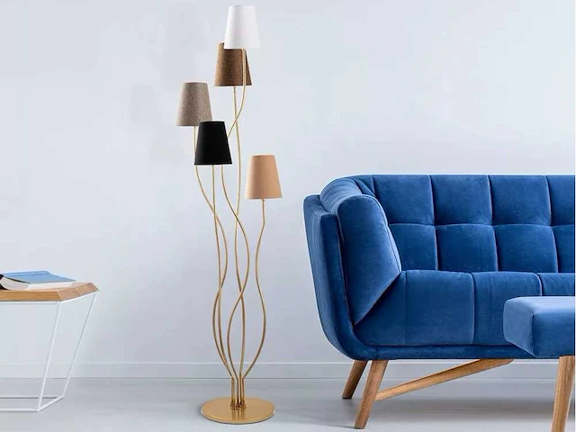 Moderne vloerlamp met metalen behuizing en stoffen voet - afbeelding 1 van  8