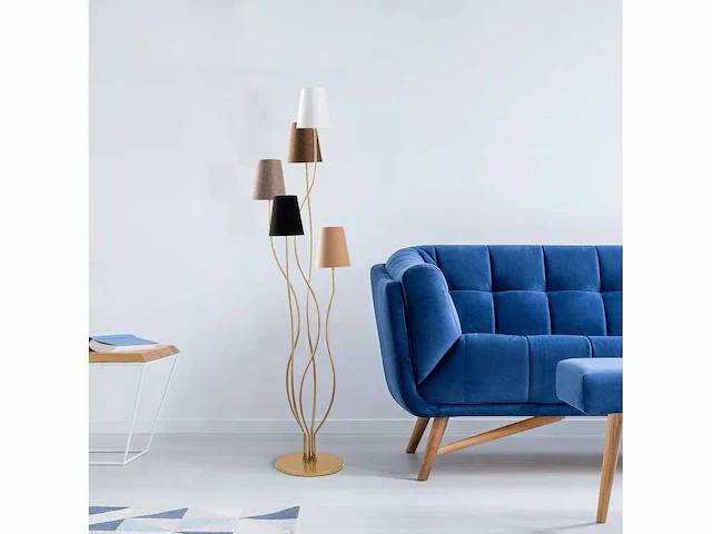 Moderne vloerlamp met metalen behuizing en stoffen voet - afbeelding 2 van  8