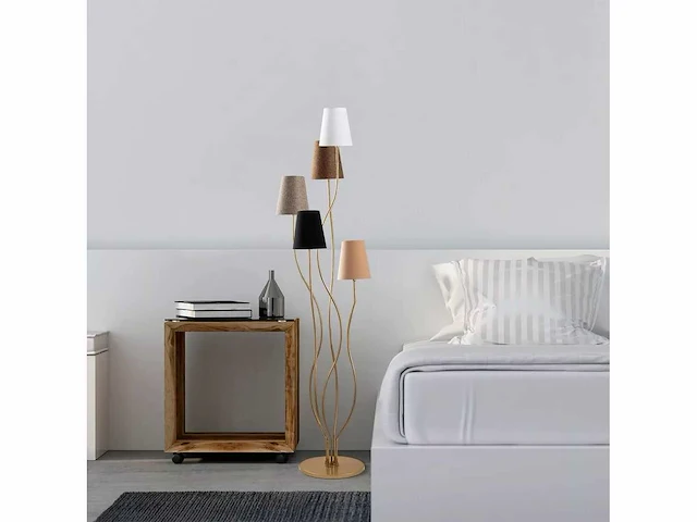 Moderne vloerlamp met metalen behuizing en stoffen voet - afbeelding 3 van  8
