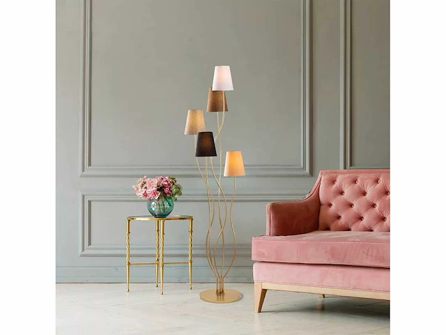 Moderne vloerlamp met metalen behuizing en stoffen voet - afbeelding 4 van  8