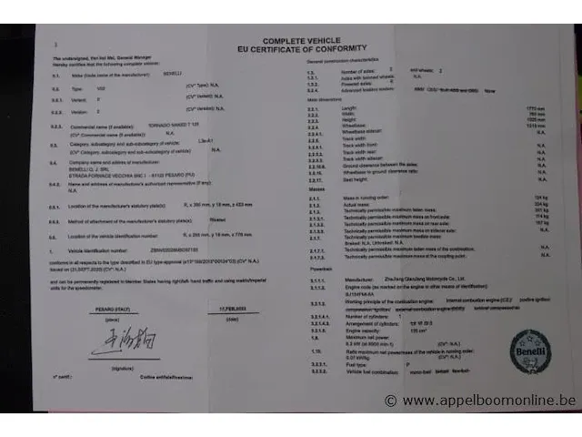 Nieuwe motor benelli tornado naked t 125, chassisnr zbnv02028nbd97193, 1cyl, 125cm³, 8,2kw, met gelijkvormigheidsattest - afbeelding 6 van  6