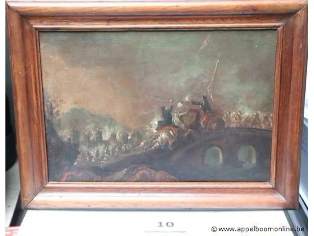 Olie op doek 19de eeuws, duel op brug, 75x85 - afbeelding 1 van  4