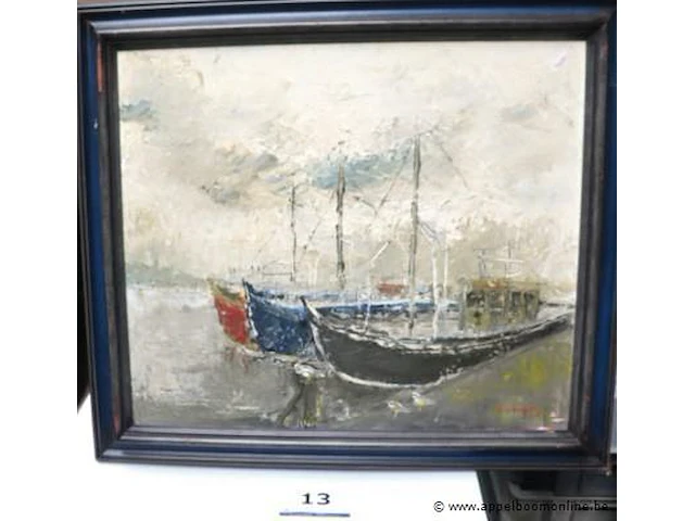 Olie op doek getekend chris beunen, boten aan de kade, 84x74 - afbeelding 1 van  5