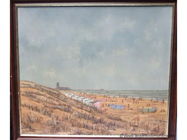 Olie op doek getekend delancker, bredene strand, 1980 - afbeelding 2 van  6