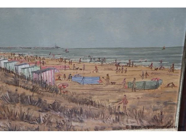 Olie op doek getekend delancker, bredene strand, 1980 - afbeelding 4 van  6
