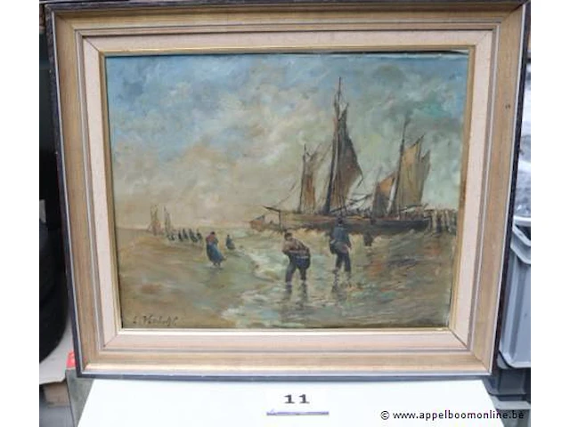 Olie op doek getekend l verhulst, vissers aan zee, 75x67 - afbeelding 1 van  5