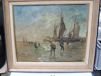 Olie op doek getekend l verhulst, vissers aan zee, 75x67 - afbeelding 1 van  5