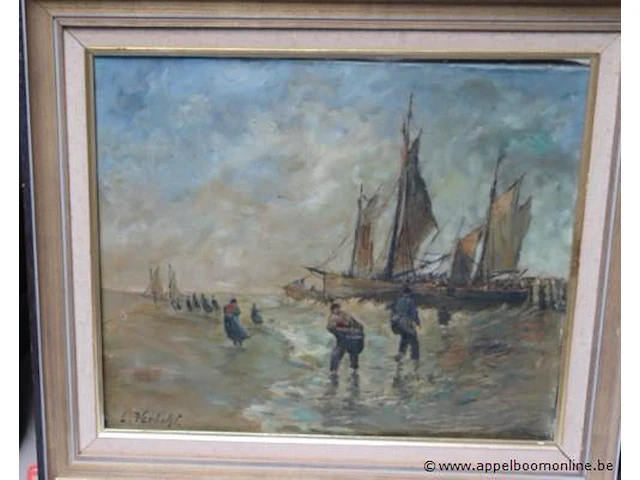 Olie op doek getekend l verhulst, vissers aan zee, 75x67 - afbeelding 2 van  5
