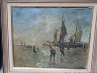 Olie op doek getekend l verhulst, vissers aan zee, 75x67 - afbeelding 2 van  5