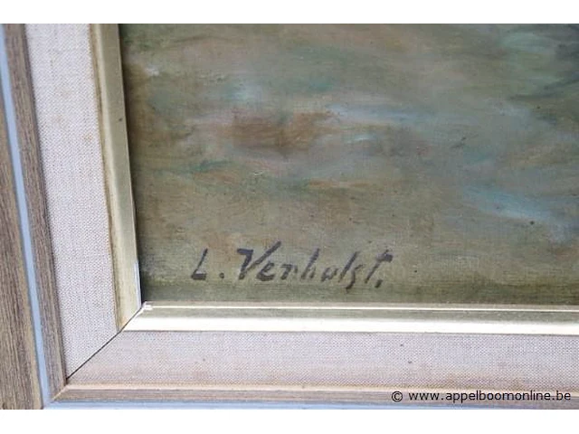 Olie op doek getekend l verhulst, vissers aan zee, 75x67 - afbeelding 3 van  5