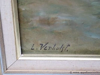 Olie op doek getekend l verhulst, vissers aan zee, 75x67 - afbeelding 3 van  5